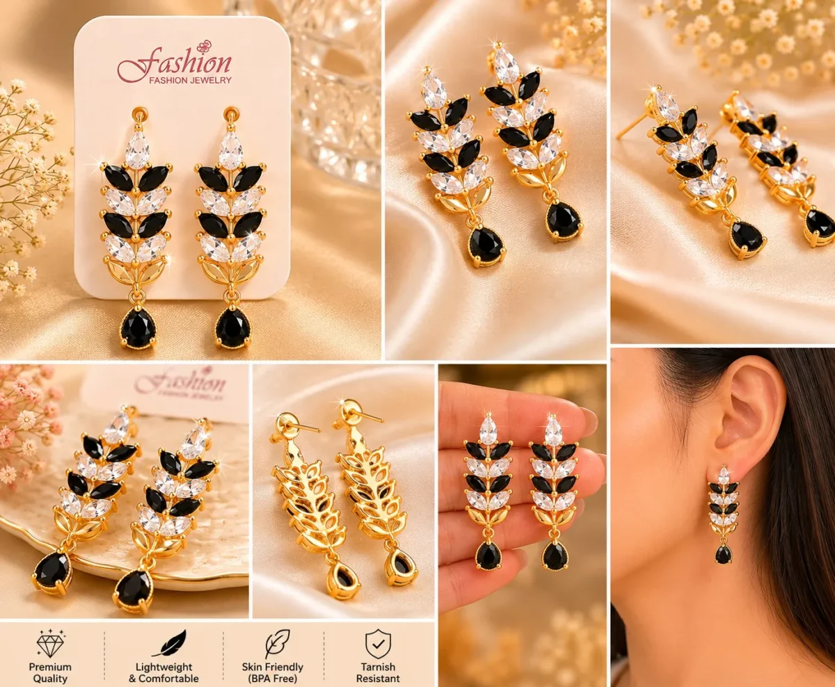 Close-up collage showing black and white crystal earrings from front, side, and back angles