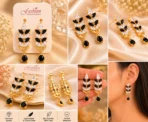 Close-up collage showing black and white crystal earrings from front, side, and back angles