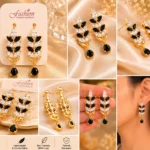 Close-up collage showing black and white crystal earrings from front, side, and back angles