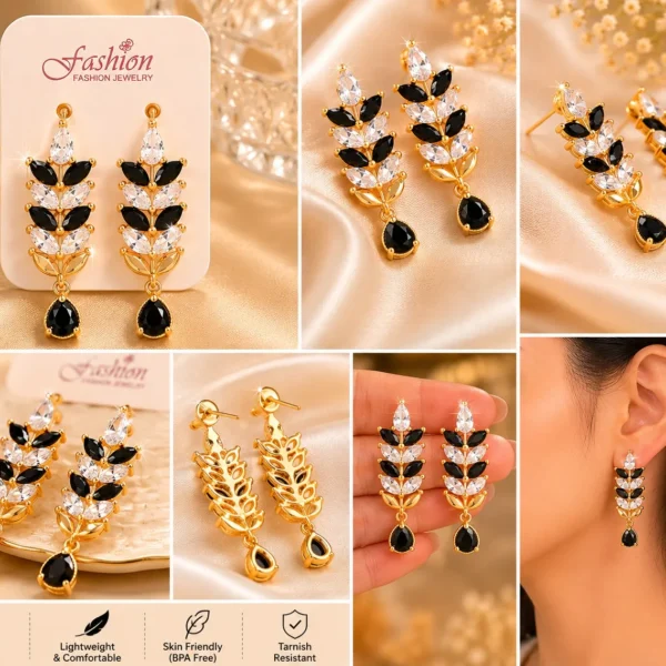 Close-up collage showing black and white crystal earrings from front, side, and back angles