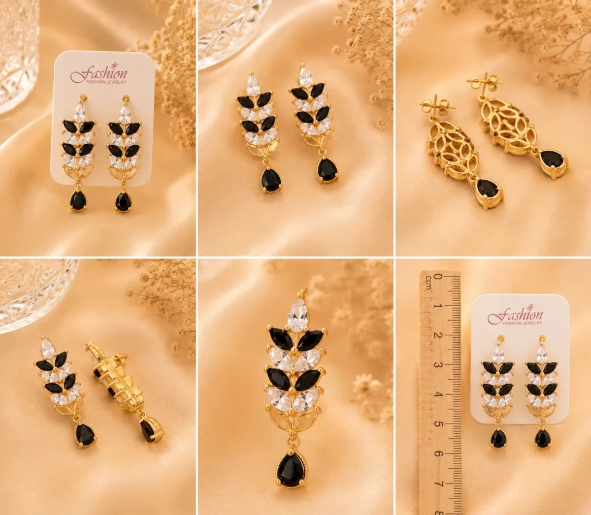 Woman wearing black crystal drop earrings with layered leaf design