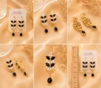 Woman wearing black crystal drop earrings with layered leaf design