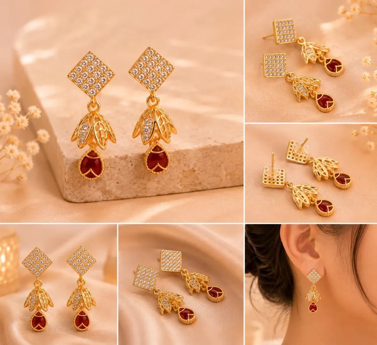 Crystal leaf earrings with ruby red drop stone detailing