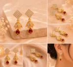 Crystal leaf earrings with ruby red drop stone detailing
