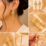 Woman wearing elegant golden crystal tassel earrings