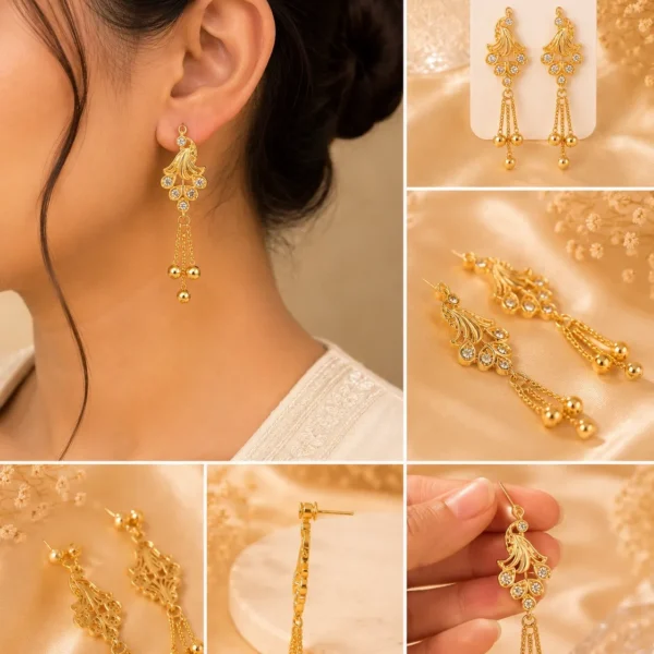 Woman wearing elegant golden crystal tassel earrings