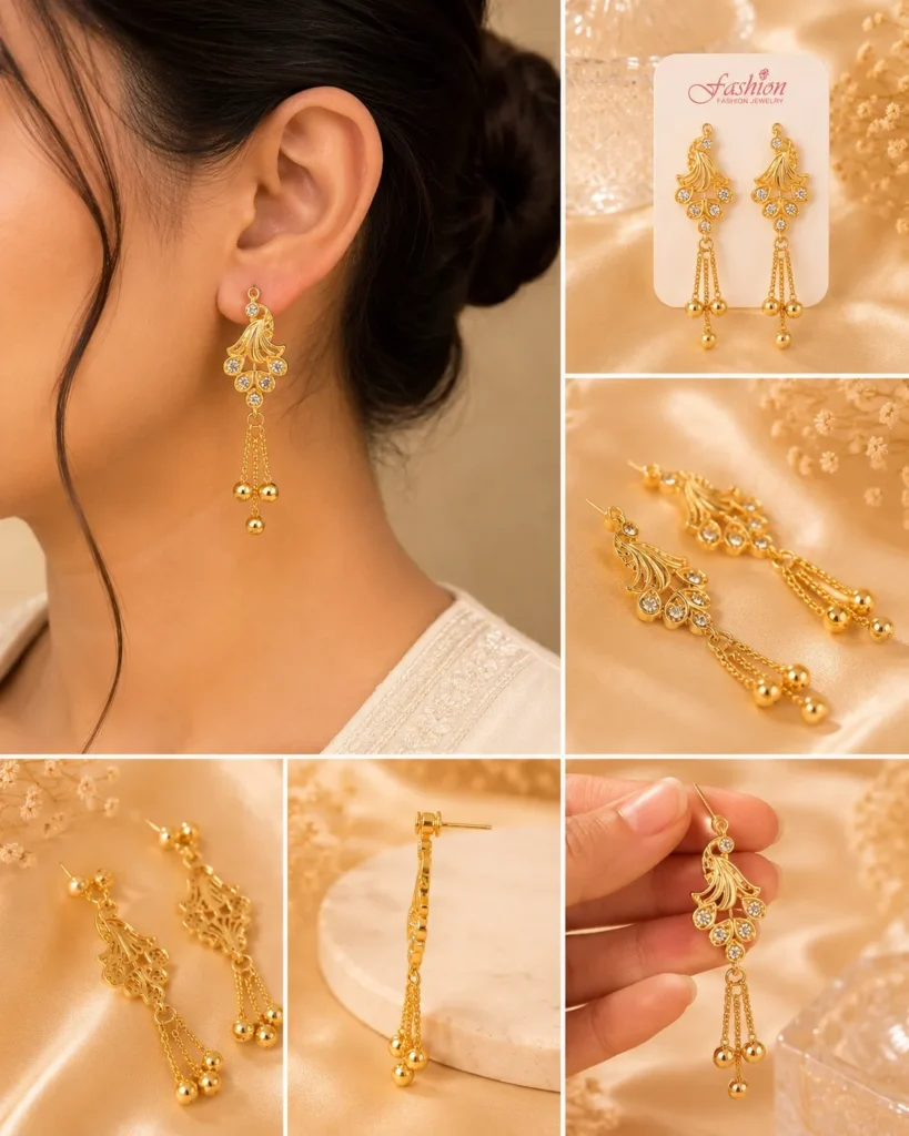 Woman wearing elegant golden crystal tassel earrings