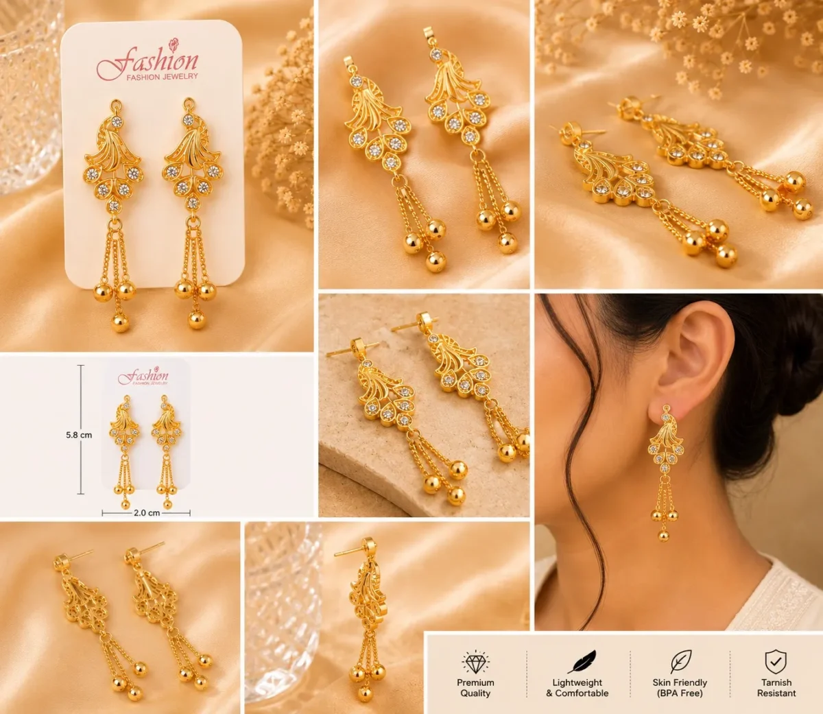 Close-up of lightweight hanging bead earrings with crystal stones
