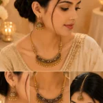 Woman wearing antique gold jhumka necklace set with maang tikka