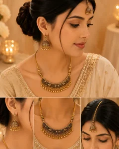 Woman wearing antique gold jhumka necklace set with maang tikka