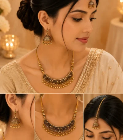 Woman wearing antique gold jhumka necklace set with maang tikka