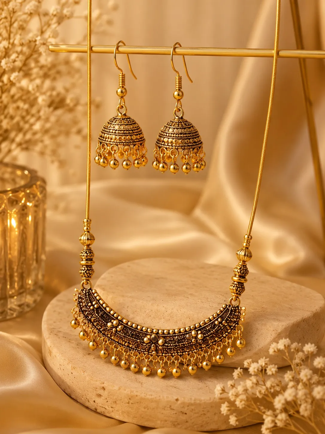 traditional-jhumka-necklace-set-display.webp Antique gold necklace with matching jhumka earrings on display
