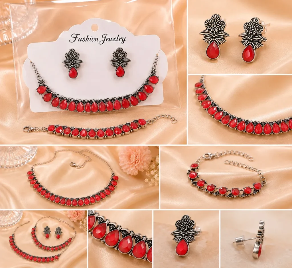 Vintage oxidized jewelry set with floral earrings and red teardrop stones
