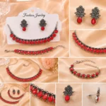 Vintage oxidized jewelry set with floral earrings and red teardrop stones