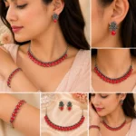 Woman wearing silver-tone red stone ethnic necklace set