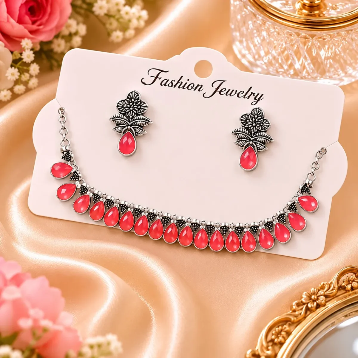 Oxidized red stone necklace set with matching earrings