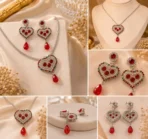 Close-up collage of red heart crystal jewelry set showing pendant and earring details
