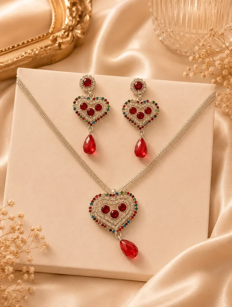 Silver-tone heart pendant necklace and matching red crystal earrings displayed on cream backdrop