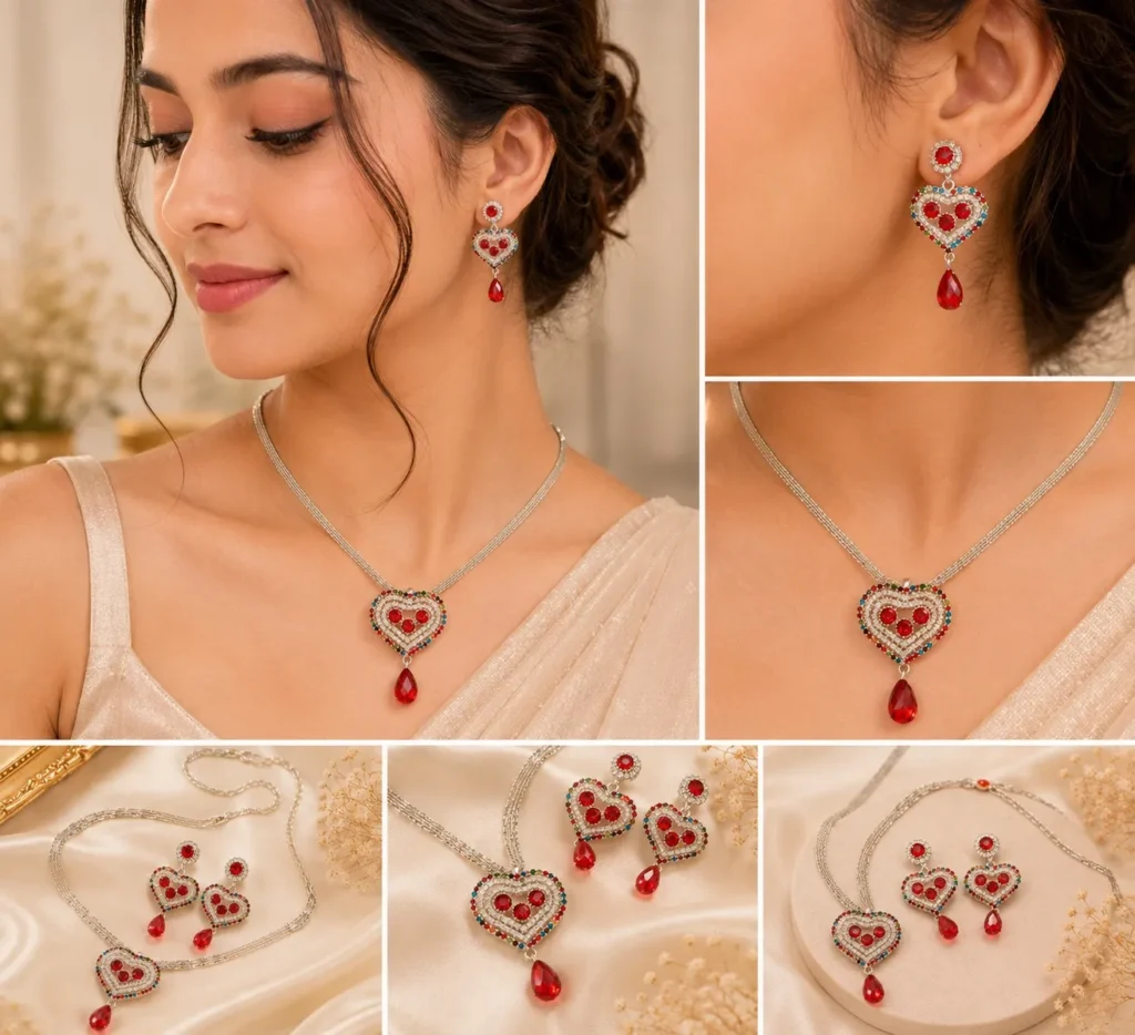 Woman wearing silver-tone heart crystal necklace and matching drop earrings