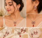 Woman wearing silver-tone heart crystal necklace and matching drop earrings