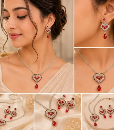 Woman wearing silver-tone heart crystal necklace and matching drop earrings