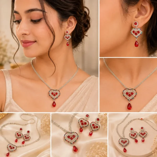 Woman wearing silver-tone heart crystal necklace and matching drop earrings