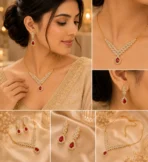 Woman wearing luxury red crystal necklace and earrings