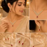Woman wearing luxury red crystal necklace and earrings
