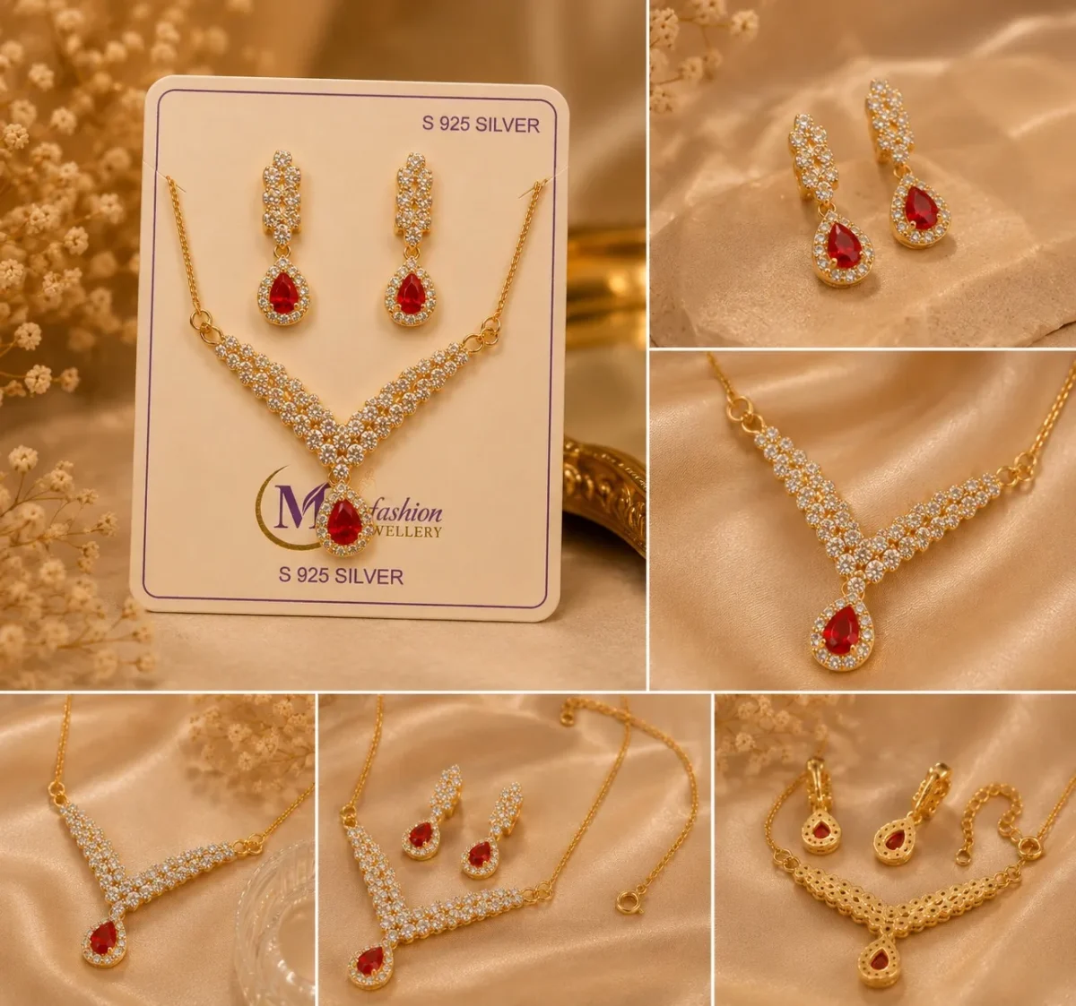 Close-up collage of gold plated red crystal jewelry set details