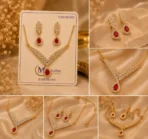 Close-up collage of gold plated red crystal jewelry set details