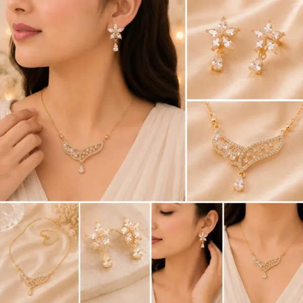 Woman wearing elegant crystal flower necklace and floral earrings