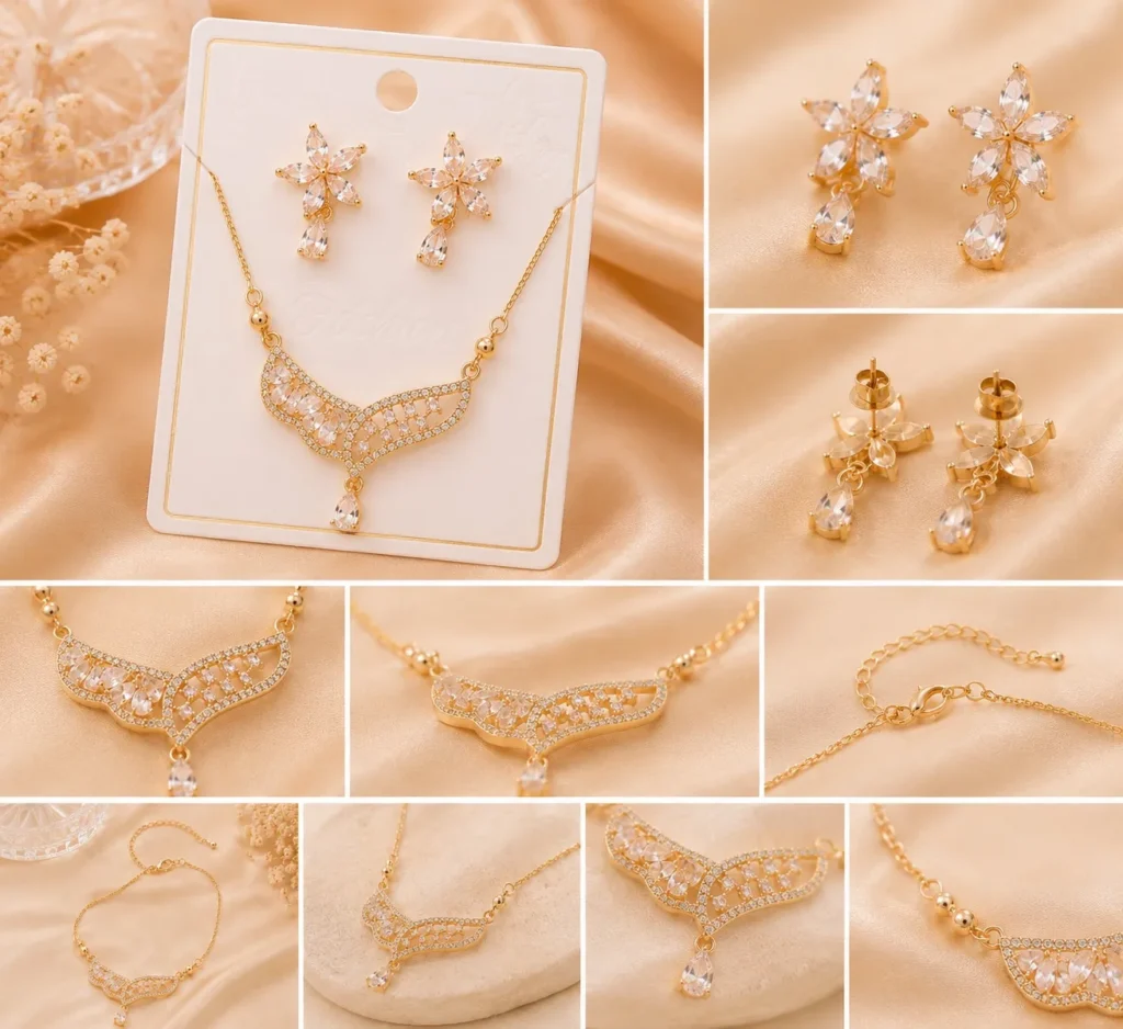 Detailed collage of crystal flower necklace set with close-up jewelry shots