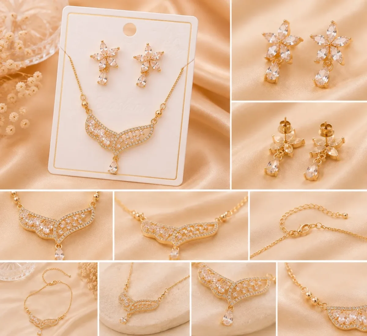 Detailed collage of crystal flower necklace set with close-up jewelry shots