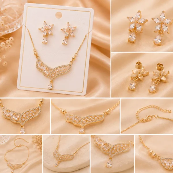Detailed collage of crystal flower necklace set with close-up jewelry shots