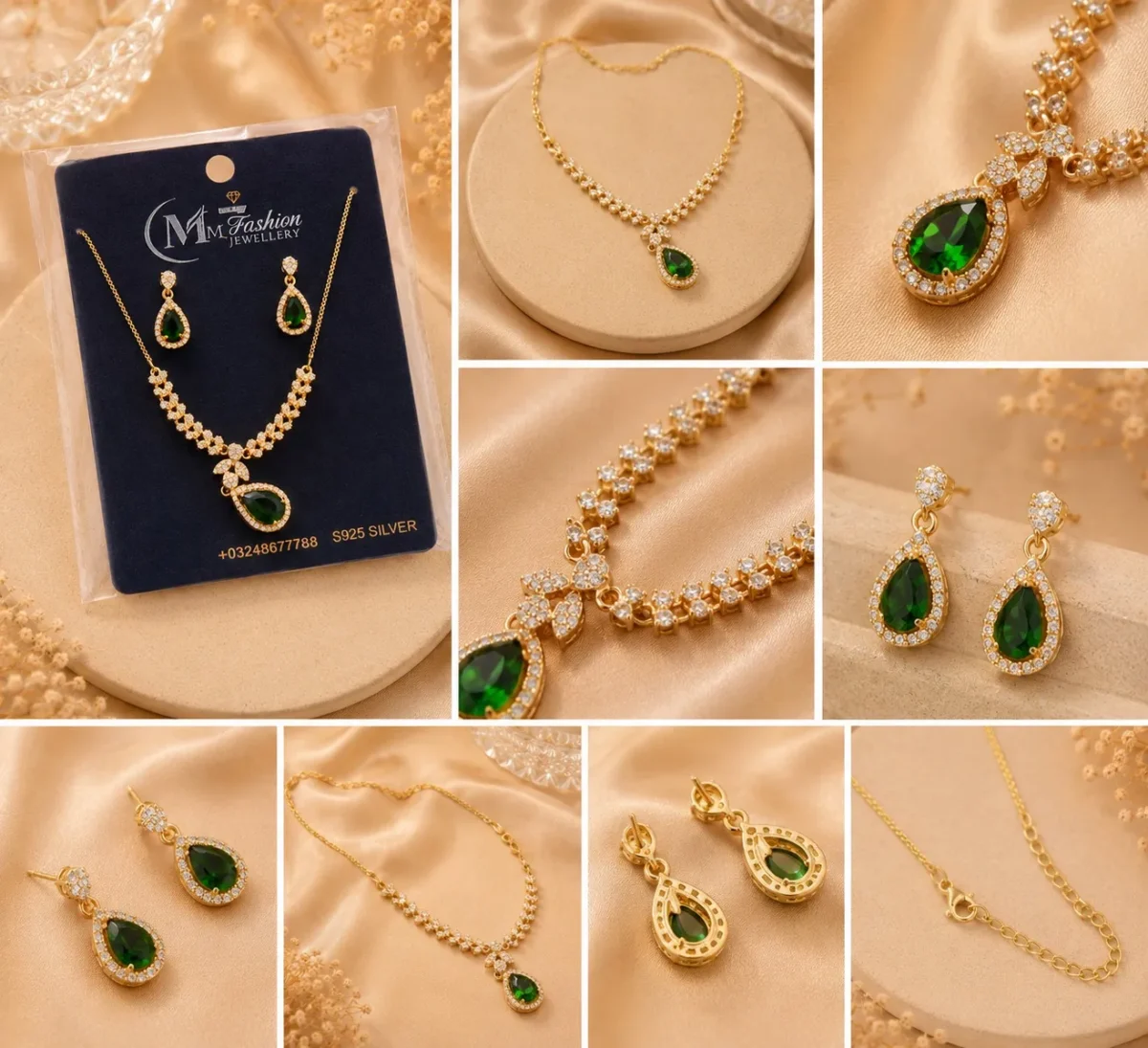 Detailed collage of emerald green teardrop necklace and earrings set