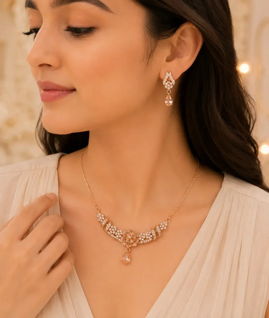 Woman wearing rose gold floral crystal necklace with matching earrings