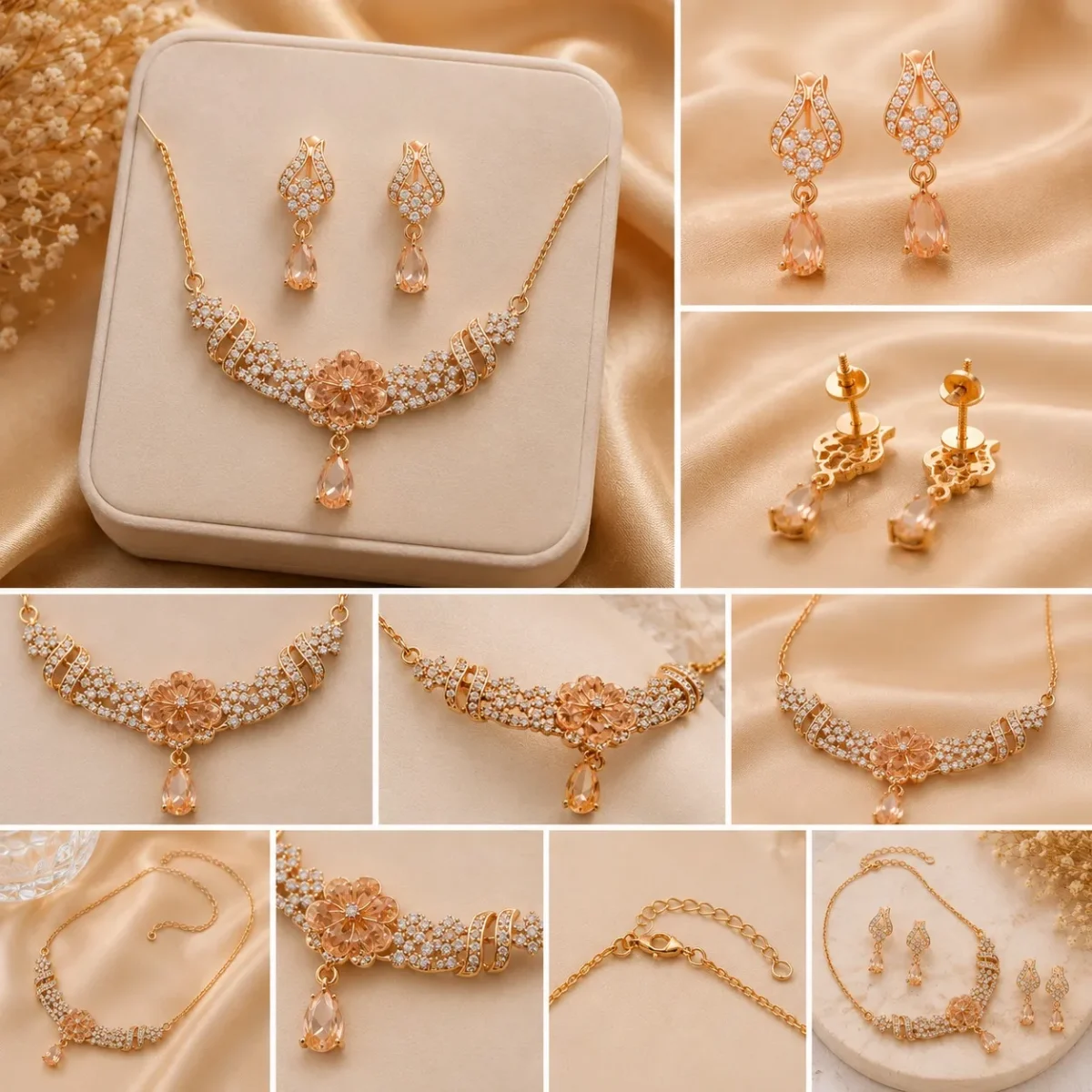 Detailed collage of floral crystal necklace and earrings set