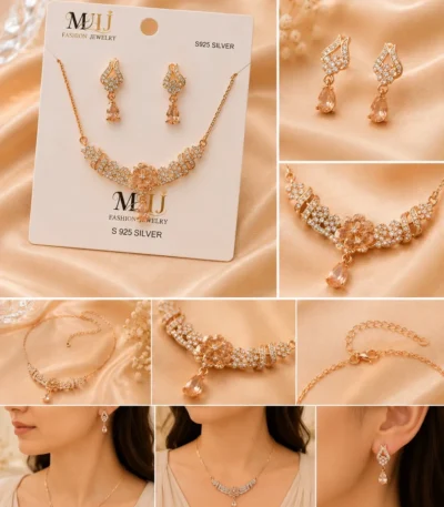 Rose gold peach stone necklace set displayed on jewelry card