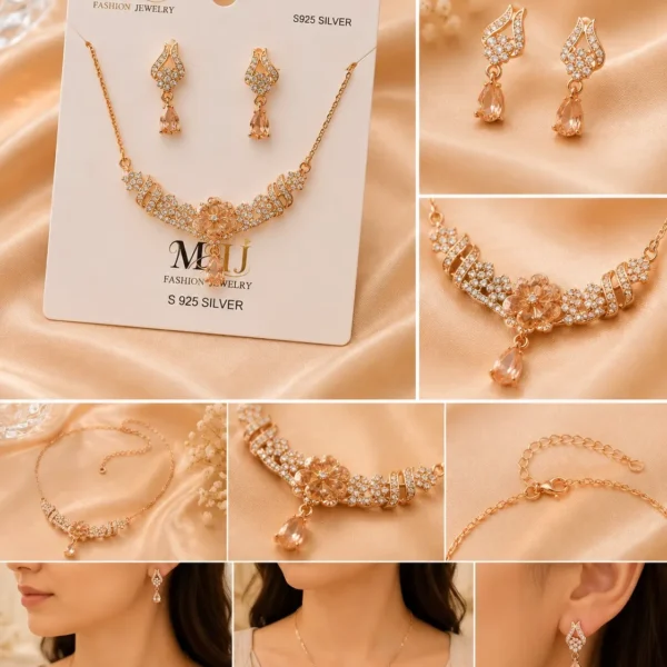 Rose gold peach stone necklace set displayed on jewelry card