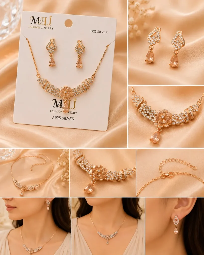 Rose gold peach stone necklace set displayed on jewelry card