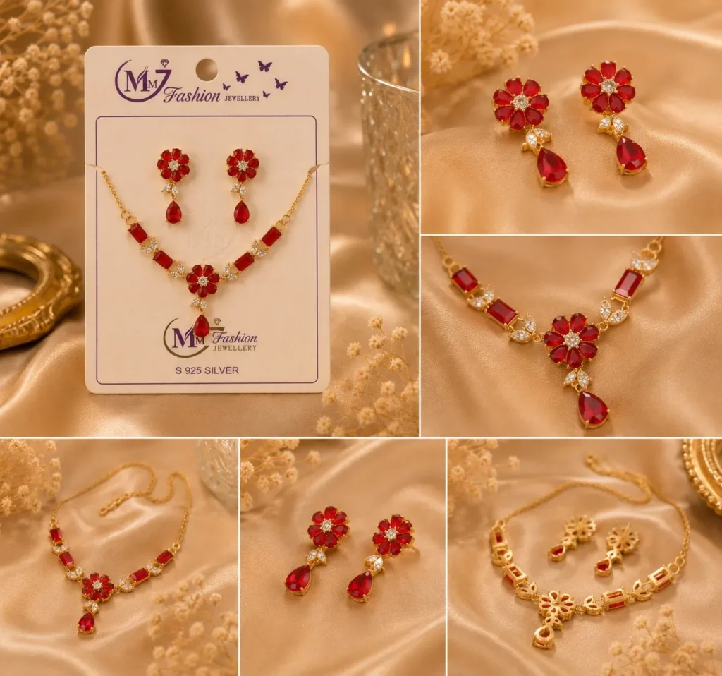 Detailed collage of ruby red floral necklace and earrings set