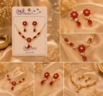 Detailed collage of ruby red floral necklace and earrings set