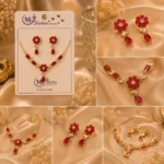 Detailed collage of ruby red floral necklace and earrings set