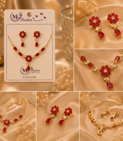 Detailed collage of ruby red floral necklace and earrings set