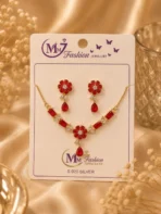 Ruby red floral crystal necklace set displayed on jewelry card