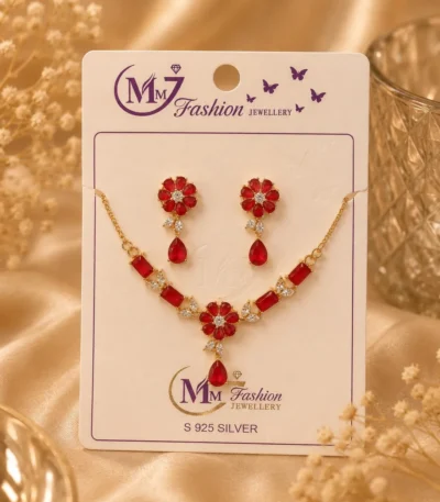 Ruby red floral crystal necklace set displayed on jewelry card