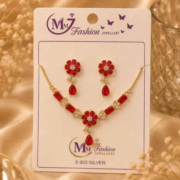 Ruby red floral crystal necklace set displayed on jewelry card