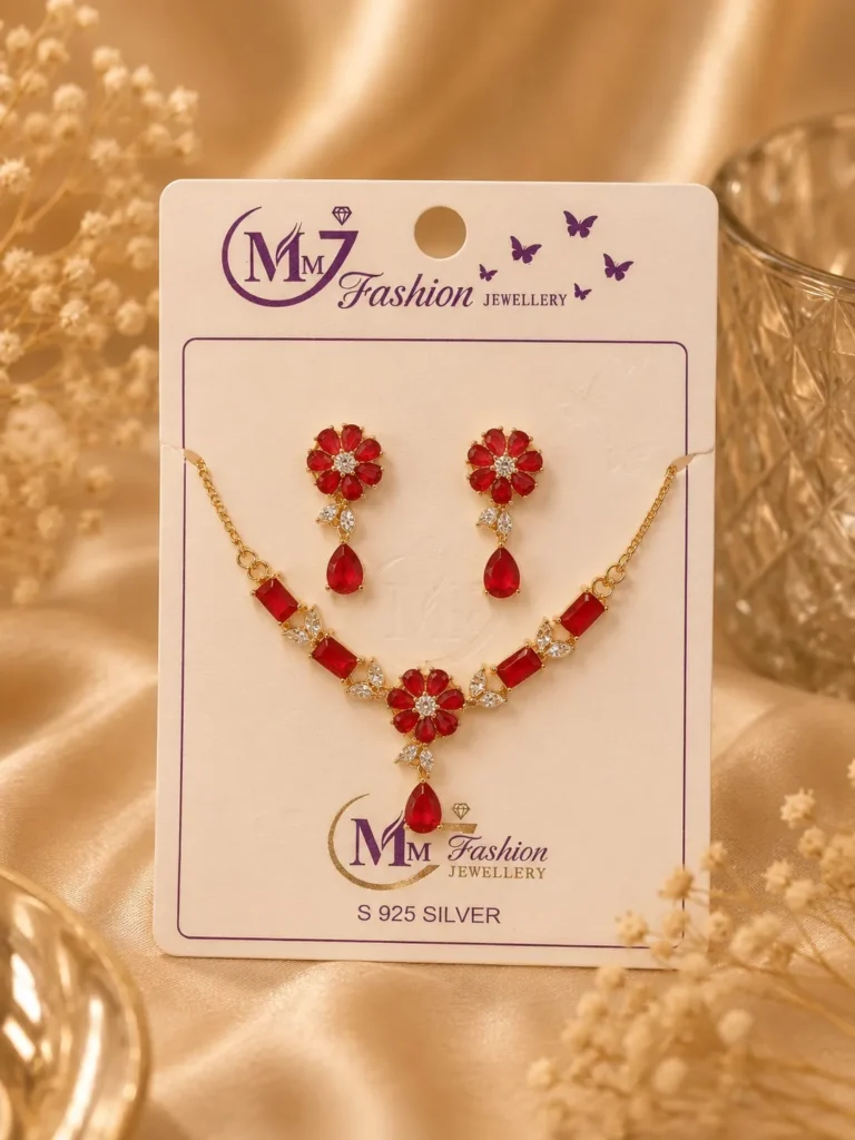 Ruby red floral crystal necklace set displayed on jewelry card