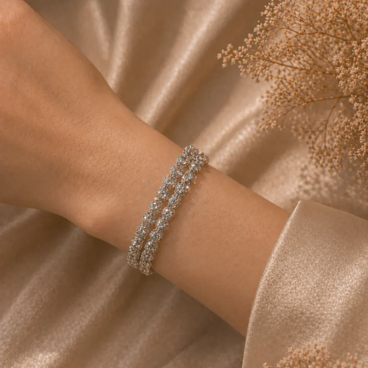 2Pc Alluring Crystal Bangles – Luxe Silver Sparkle for Women - Image 2