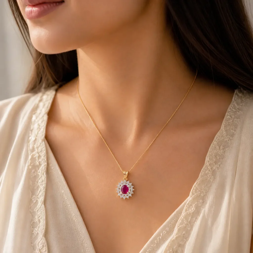 Gold plated ruby pendant necklace for women – Lumira PK Jewelry Pakistan
